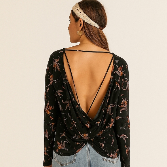 Free People Floral Open Back Long Sleeve Top – Size L – EUC - Picture 2 of 9